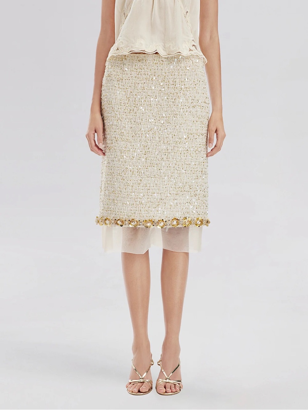 Rich Radi Q’s Sequin Trimmed French Mesh-Hem Design Skirt